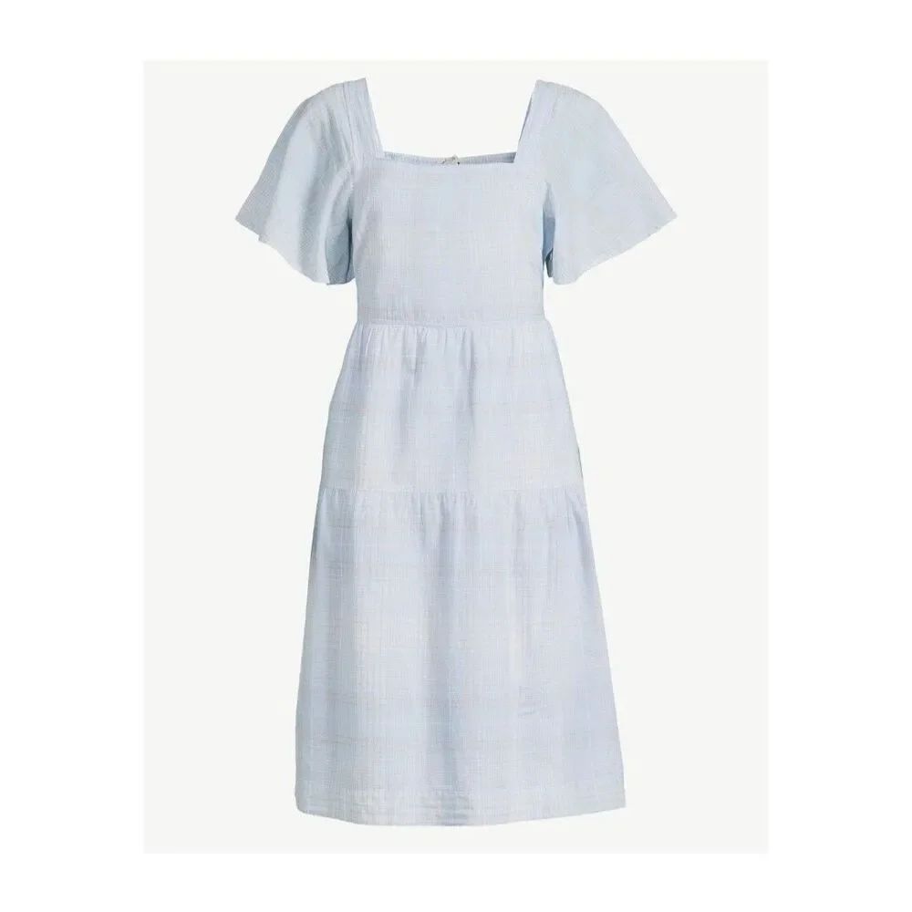 Free Assembly Women’s Tiered Midi dress light blue plaid size M elastic back flu